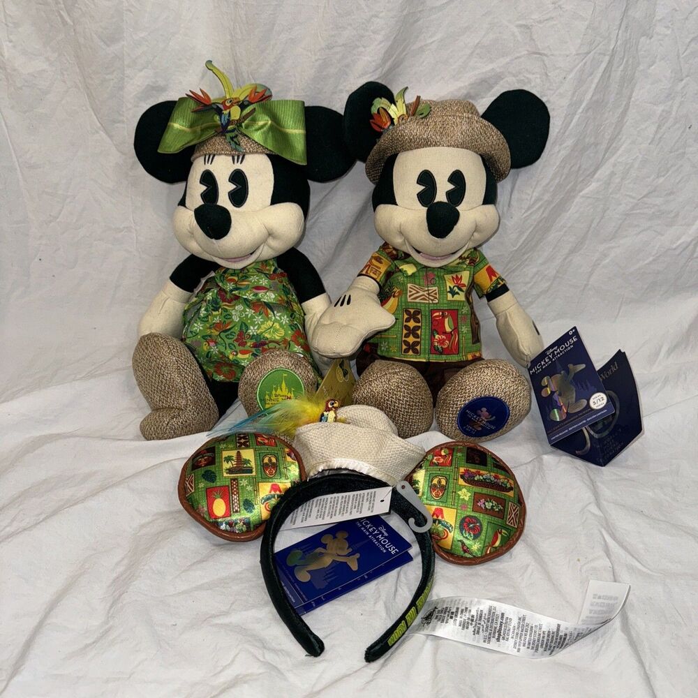 Disney Mickey & Minnie The Main Attraction Tiki Room Plush & Ears Set NWT 16”